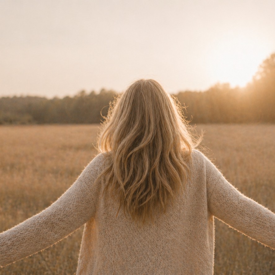 A woman standing in a sunlit field at golden hour