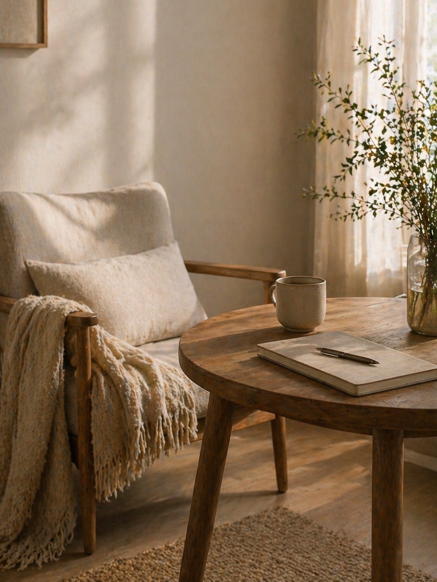 A quiet, sunlit corner with a linen armchair, ceramic mug and journal on a wooden table